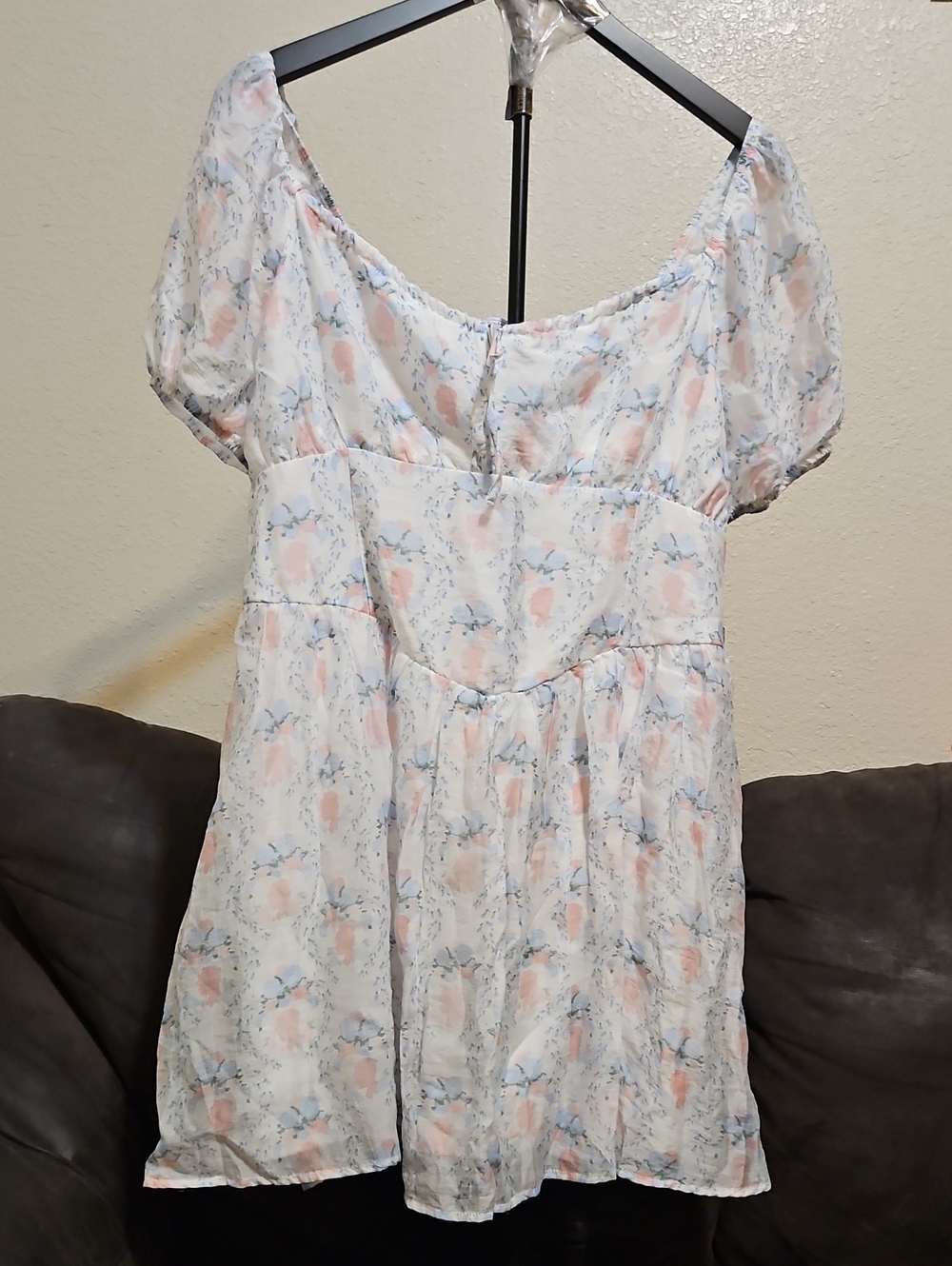 Celebrity Pink White Floral Mini Dress with Soft Pink and Light Blue Accents